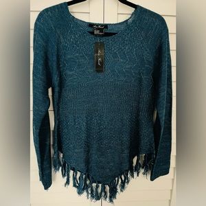 “NEW” Anne French V-Style Fringe Hem Blue Boho Chic Long Sleeve Sweater